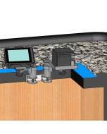 Under Counter Mount with two 3" risers, two adjustable 8" arms and panning heads for a MICROS 720 Tablet with drop in charger and a Flat Printer Tray