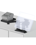 Countertop Fixed Pedestal Mount with two 6” Risers, two 8”Arms, a 75/100mm VESA Screen Pan and Tilt Head, and a Flat Printer Tray