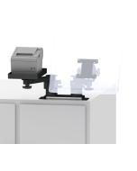 Countertop Fixed Pedestal Mount with two 3” Risers,  two 8” Arms, a 75/100mm VESA Screen Pan and Tilt Head, and a Flat Printer Tray