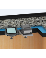 Under Counter Mount with two adjustable 8" arms and panning heads for a MICROS 720 Tablet with drop in charger and a Flat Printer Tray