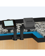 Under Counter Mount with two 6" risers, two adjustable 8" arms and panning heads for a MICROS 720 Tablet with drop in charger and a Flat Printer Tray