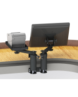 Under Counter Mount with two 6” Risers, two 8” Arms, a 75/100mm VESA Screen Pan and Tilt Head, and a Flat Printer Tray