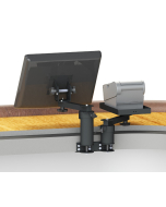 Under Counter Mount with a 3” Riser, a 6" Riser, two 8” Arms, a 75/100mm VESA Screen Pan and Tilt Head, and a Flat Printer Tray
