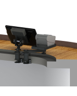 Under Counter Mount with two 3” risers, 2 adjustable 8” arms, a WS6 Pan & Tilt Head, a Flat Printer Tray and a PS holder