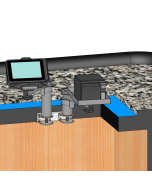 Under Counter Mount with a 3" riser, a 6" riser, two adjustable 8" arms and panning heads for a MICROS 720 Tablet with drop in charger and a Flat Printer Tray
