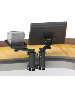 Under Counter Mount with two 6” Risers, two 8” Arms, a 75/100mm VESA Screen Pan and Tilt Head, and a Flat Printer Tray